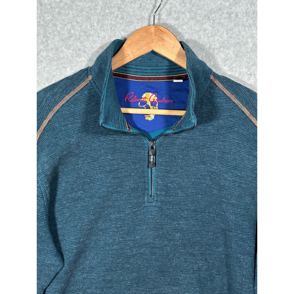 Robert Graham Mens Teal Waffle Knit Quarter Zip Pullover Skull Logo Sweater L